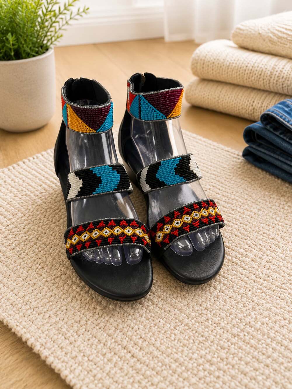 Laidback London Handmade Beaded Ankle Strap Sandals Black Leather EU 38